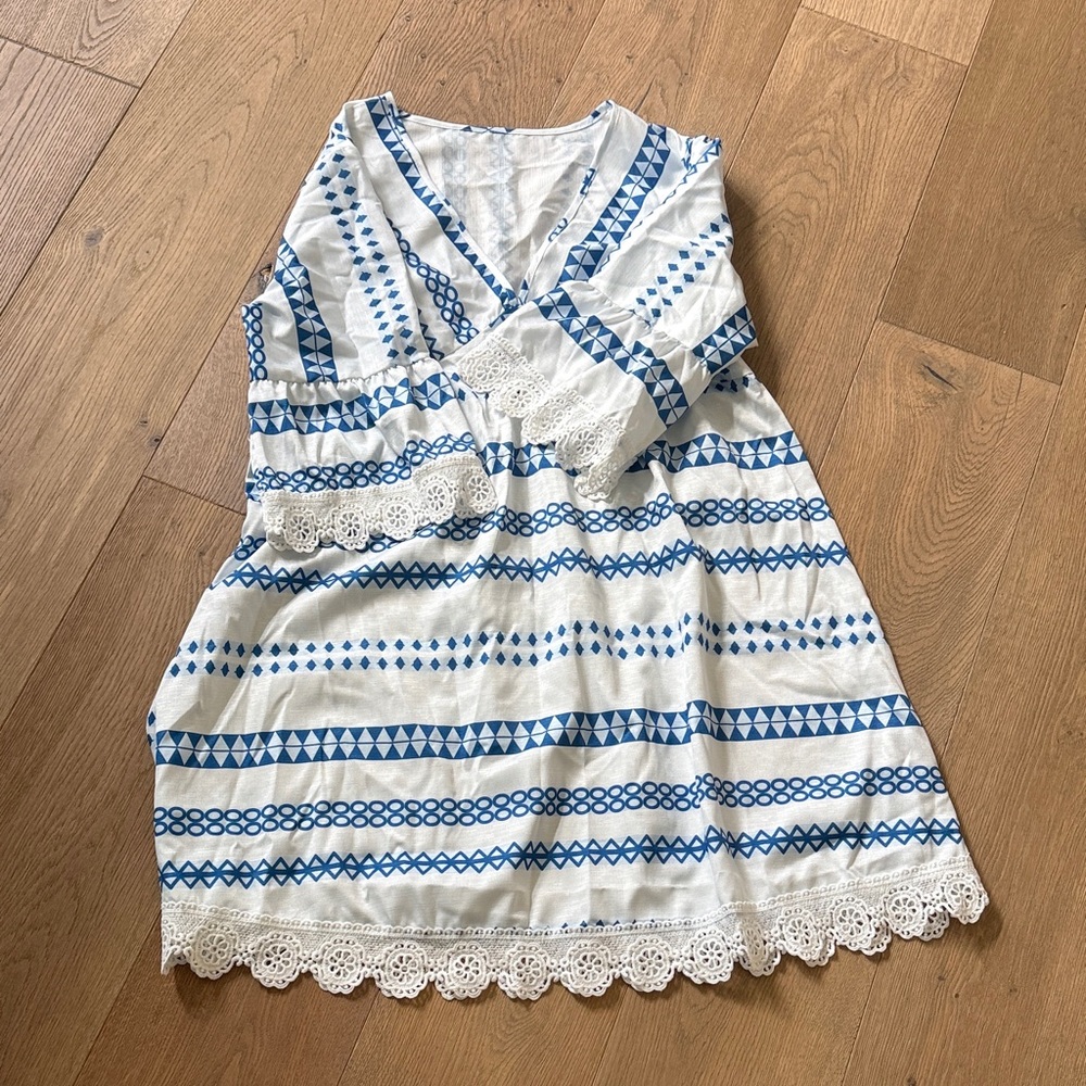 New/Never Worn White & Blue Boho Crochet Trim Tunic or Cover Up
